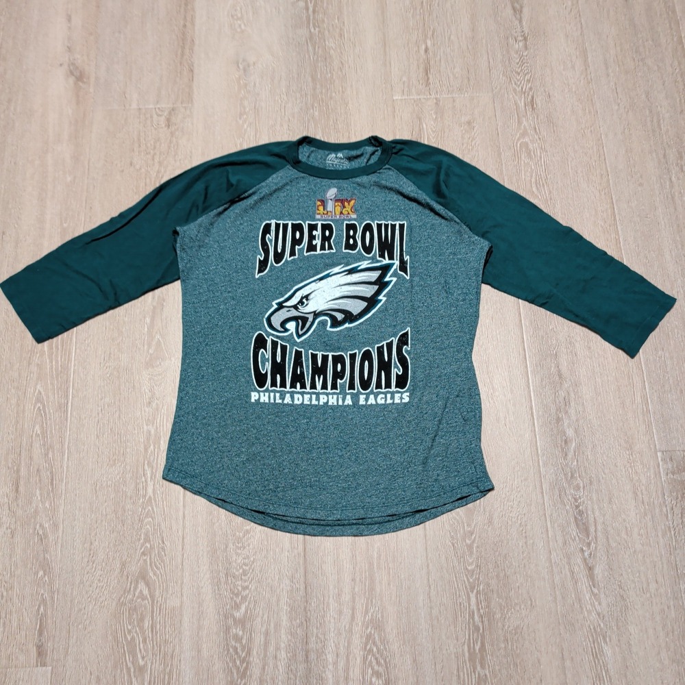 Majestic Philadelphia Eagles‎ Super Bowl LII T-Shirt Women XL Green Raglan 3/4